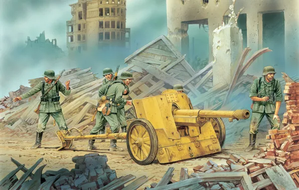 Картинка город, рисунок, пушки, арт, развалины, Вторая мировая война, 5 cm, расчет, немецкой, позиции, противотанковой, огневой, …
