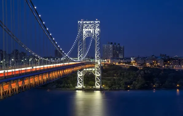 Картинка мост, Нью-Йорк, ночной город, New York City, Hudson River, мост Джорджа Вашингтона, George Washington Bridge, …