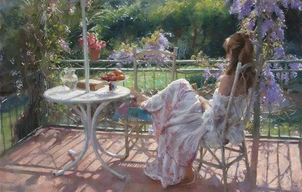 Картинка девушка, цветы, отдых, картина, сад, книга, фрукты, солнечно, веранда, Vicente Romero Redondo