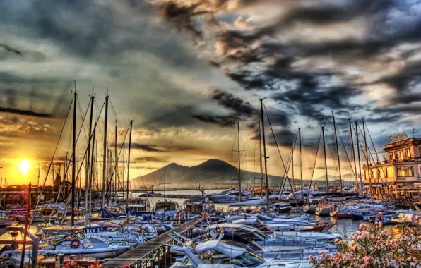 Картинка море, горы, фото, HDR, корабли, яхты, причал, Италия, пирс, Неаполь