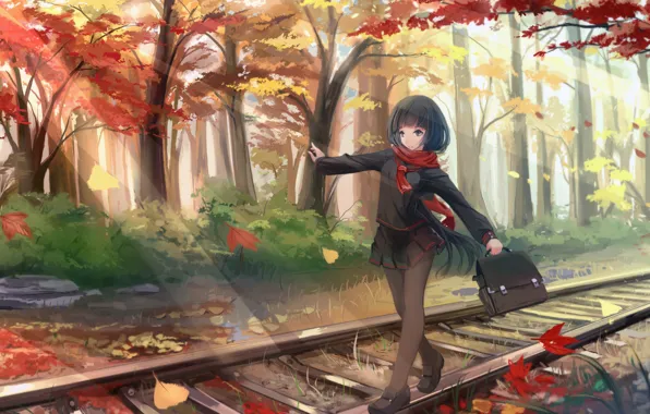 Картинка осень, листья, девушка, деревья, пути, аниме, арт, форма, школьница, kikivi