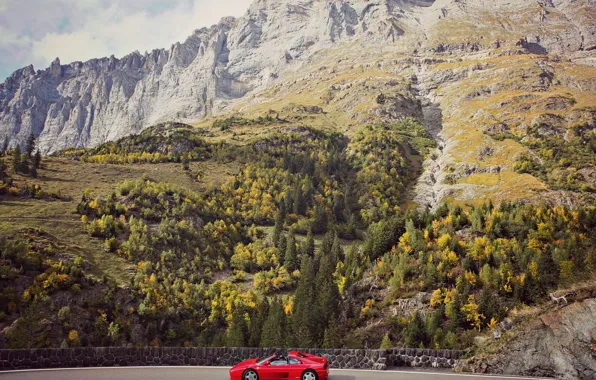 Картинка дорога, небо, облака, горы, скалы, Ferrari