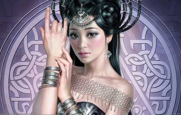 Картинка девушка, украшения, узор, рука, арт, прическа, tang yuehui, азиатка, браслеты, косы