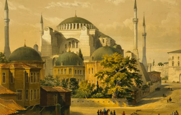 Картинка город, картина, мечеть, Стамбул, Турция, минарет, Собор Святой Софии, Айия-Софья