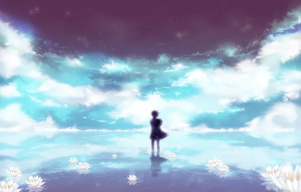 Картинка небо, вода, звезды, облака, цветы, отражение, ветер, лилии, тень, аниме, арт, парень, uyre, orihara izaya, …
