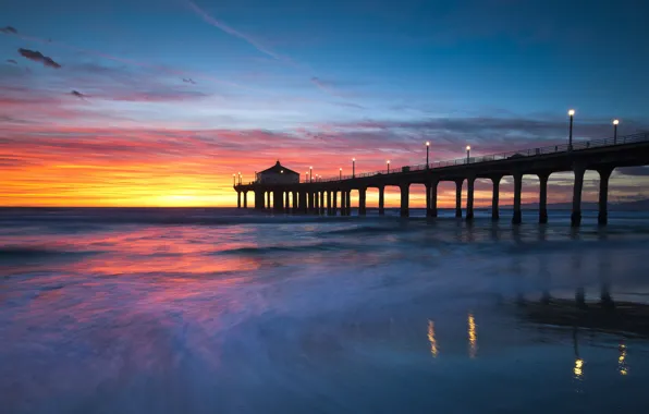 Картинка пейзаж, закат, мост, United States, California, Manhattan Beach, Sand Section