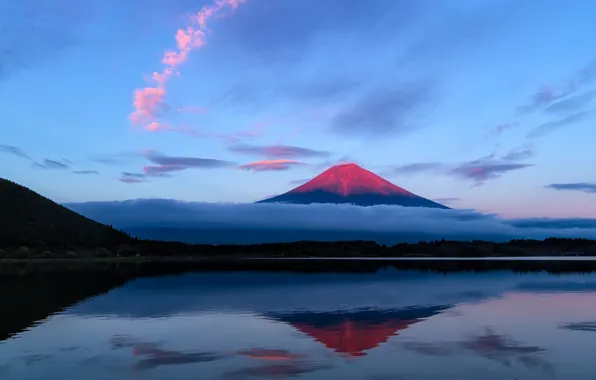 Картинка небо, облака, озеро, отражение, гора, вечер, Япония, Фудзияма