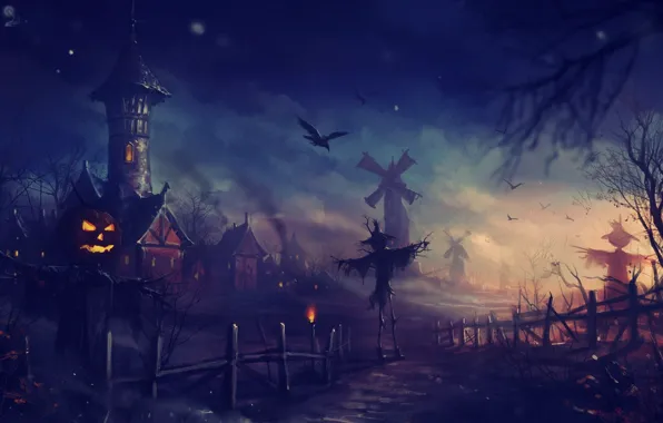 Картинка ночь, арт, Halloween, мельницы, пугало, хеллоуин