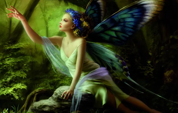 Картинка лес, девушка, бабочки, цветы, камень, рука, крылья, фея, венок, сидя