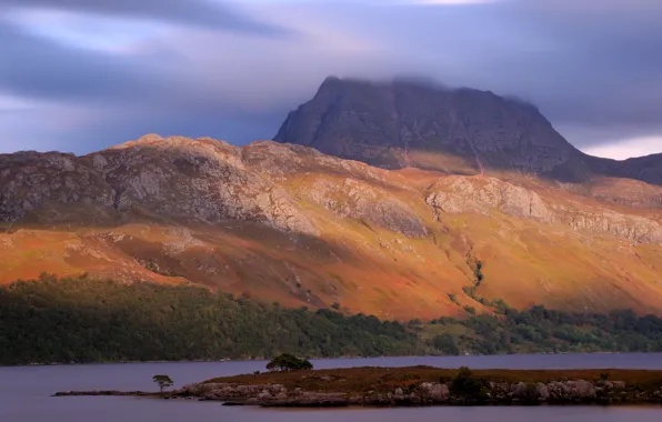 Картинка небо, деревья, горы, природа, озеро, вечер, Шотландия, Великобритания, Scotland, Great Britain