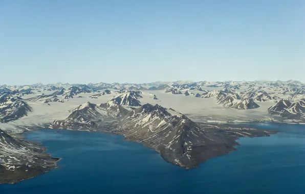 Картинка море, небо, горы, берег, горизонт, Норвегия, Шпицберген