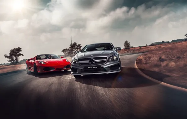 Картинка Mercedes-Benz, F430, Ferrari, Red, AMG, Grey, Supercars, Colors, CLA 45, Skid, Drifting