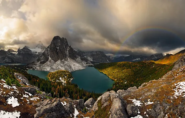 Картинка осень, облака, горы, тучи, радуга, Канада, панорама, Альберта, леса, озёра, провинция Британская Колумбия, Mt. Assiniboine