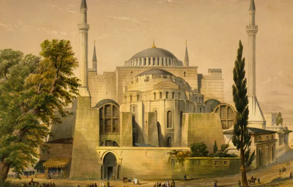 Картинка деревья, город, картина, мечеть, Стамбул, Турция, минарет, Собор Святой Софии, Айия-Софья