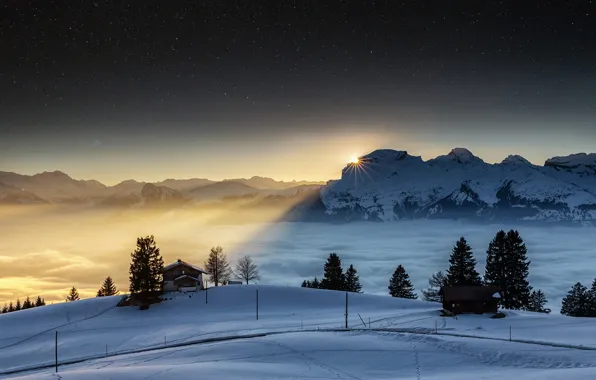 Картинка зима, небо, солнце, звезды, снег, горы, ночь, вечер, Швейцария, Альпы