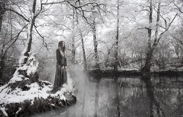Картинка зима, девушка, снег, река
