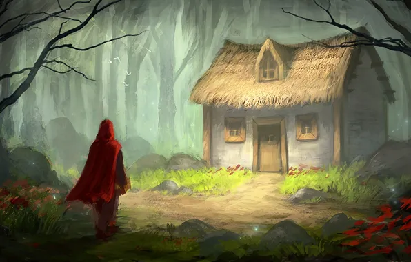 Картинка лес, птицы, дом, сказка, красная шапочка, арт, плащ
