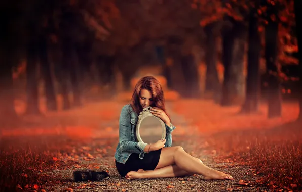Картинка осень, девушка, фантазия, тропа, зеркало, арт, аллея