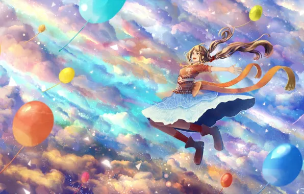 Картинка небо, девушка, облака, шарики, радость, аниме, арт, bounin