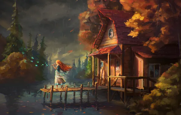 Картинка лес, вода, девушка, дом, река, флейта