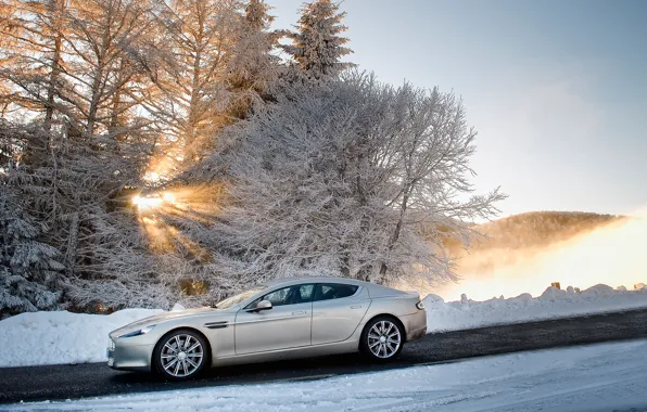 Картинка зима, небо, солнце, снег, деревья, Aston Martin, Rapide, седан, вид сбоку, Астон Мартин, Рапид