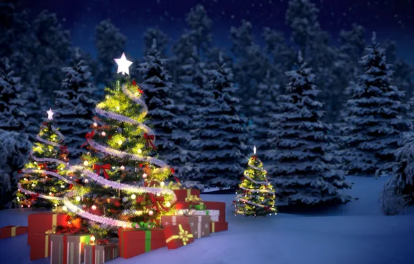 Картинка зима, снег, елки, новый год, подарки, гирлянда, мишура, Christmas, night, winter, New Year, gifts