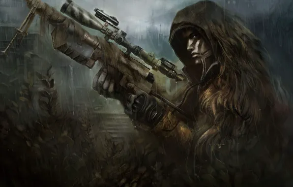 Картинка оружие, дождь, засада, солдат, снайпер, камуфляж, винтовка