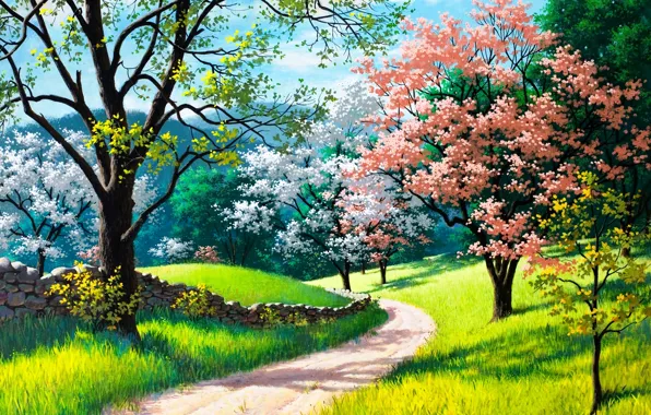 Картинка дорога, трава, деревья, пейзаж, природа, картина, весна, цветение