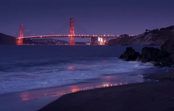 Картинка небо, ночь, мост, город, огни, пролив, камни, берег, освещение, Калифорния, Сан-Франциско, Золотые Ворота, USA, США, …