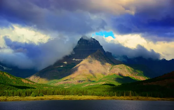 Картинка лес, небо, облака, тучи, озеро, гора, США, штат Монтана, Скалистые горы, Национальный парк Глейшер, Mount …
