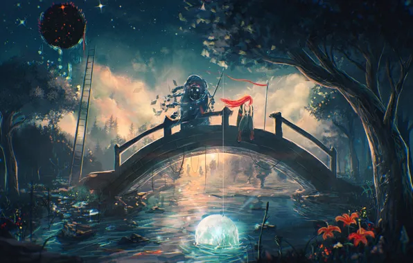 Картинка девушка, мост, река, дерево, лестница