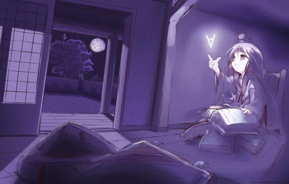 Картинка ночь, магия, книги, аниме, арт, девочка, Fujiwara Warawara