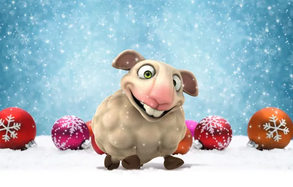Картинка шарики, снег, животное, праздник, шары, игрушки, графика, новый год, символ, овца