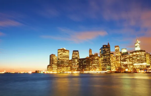 Картинка город, огни, река, здания, дома, Нью-Йорк, небоскребы, вечер, USA, США, Манхэттен, New York, Manhattan, NYC, …