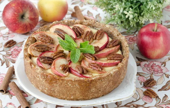 Картинка яблоки, еда, тарелка, пирог, торт, орехи, корица, мята, крем, выпечка