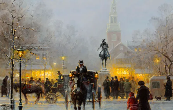 Картинка зима, снег, город, люди, картина, памятник, карета, Бостон, Harvey G, Winter Evening In Old Boston