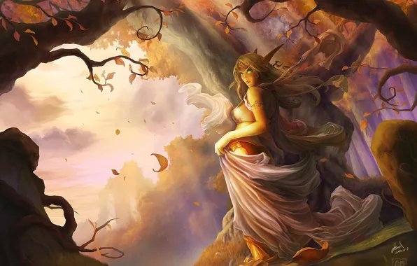 Картинка осень, лес, листья, эльф, арт, эльфийка, уши