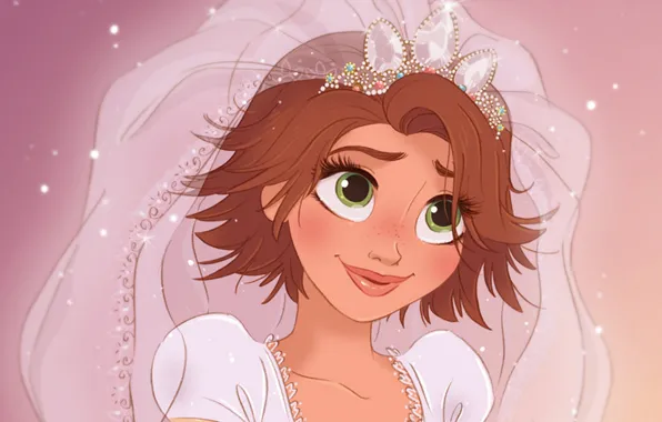 Картинка мультфильм, Рапунцель, невеста, принцесса, свадьба, crown, Запутанная история, Rapunzel, wedding, bride, Счастлива навсегда, Tangled ever …