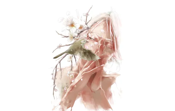 Картинка цветы, птица, лепестки, Парень