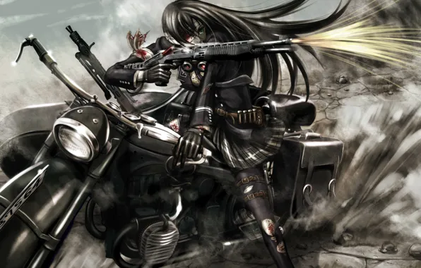 Картинка кровь, аниме, выстрел, арт, мотоцикл, повязка, kouji oota, девушка. оружие