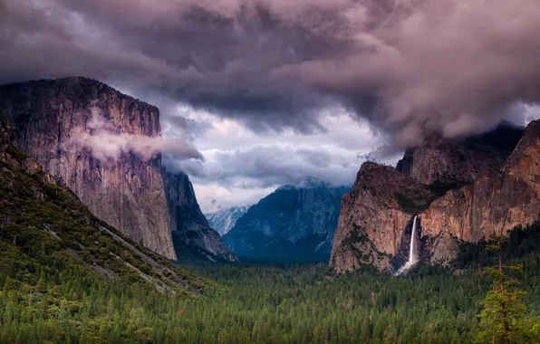 Картинка лес, небо, деревья, горы, тучи, скалы, водопад, США, Yosemite National Park, Сьерра-Невада