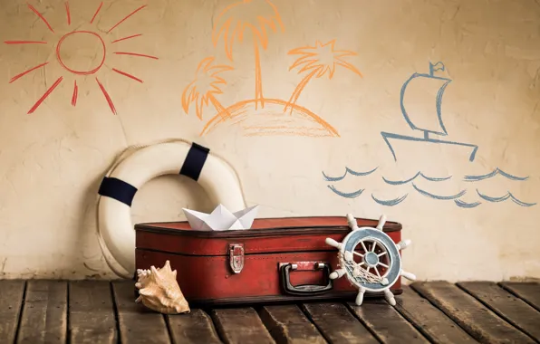 Картинка море, волны, солнце, пальмы, стена, рисунок, остров, ракушка, чемодан, бумажный кораблик, спасательный круг