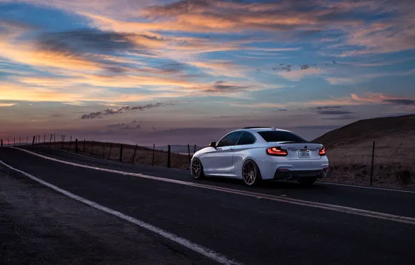 Картинка BMW, Car, Sunset, Sunrise, Mountains, Wheels, Avant, Rear, M235i, Garde, San Jose