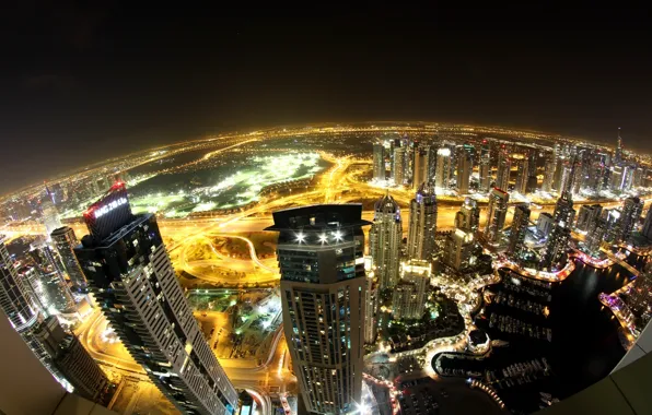 Картинка ночь, город, огни, вид, здания, дороги, дома, небоскребы, освещение, панорама, Дубай, Dubai, высотки, ОАЭ, высотные