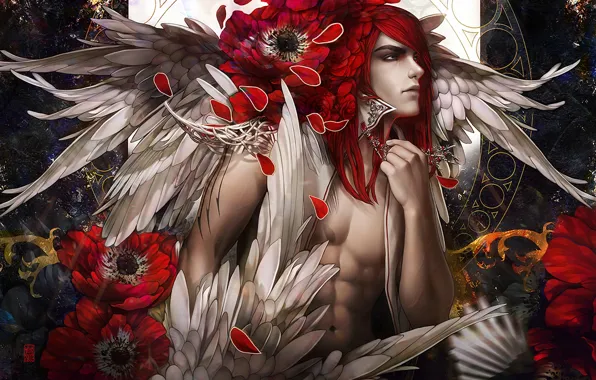 Картинка цветы, маки, крылья, арт, парень, красные волосы, tincek-marincek