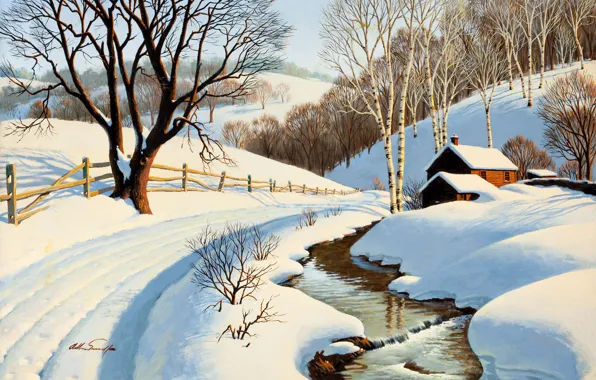 Картинка зима, дорога, деревья, дом, река, ручей, береза, живопись, Arthur Saron Sarnoff, Winter Blanket