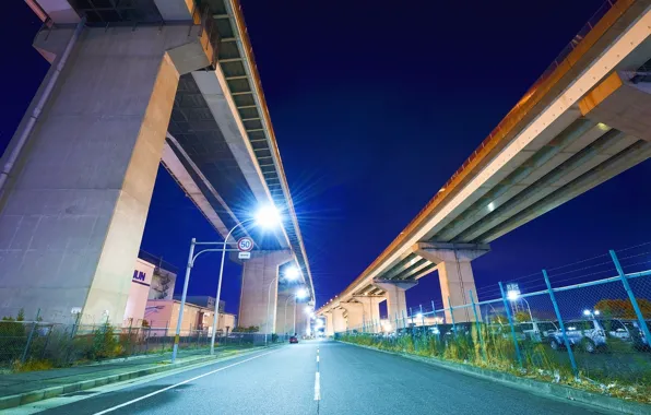 Картинка дорога, машины, ночь, япония, фонари, мосты, japan, Nagoya