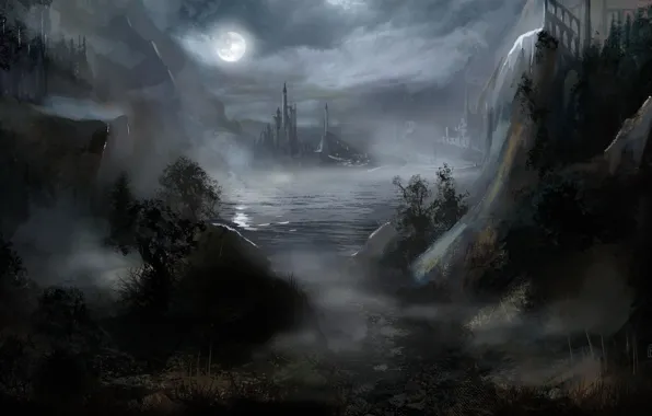 Картинка вода, ночь, туман, замок, фантастика, луна, арт