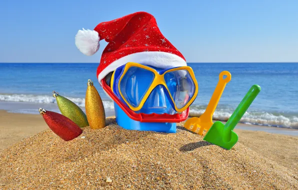 Картинка песок, море, пляж, океан, праздник, игрушки, новый год, рождество, очки, ведро, christmas, new year, колпак, …