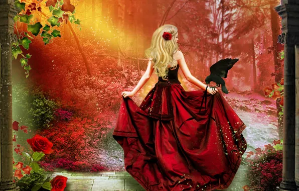 Картинка листья, девушка, деревья, цветы, птица, волосы, спина, роза, шлейф, арт, блондинка, корсет, ворон, красное платье, …